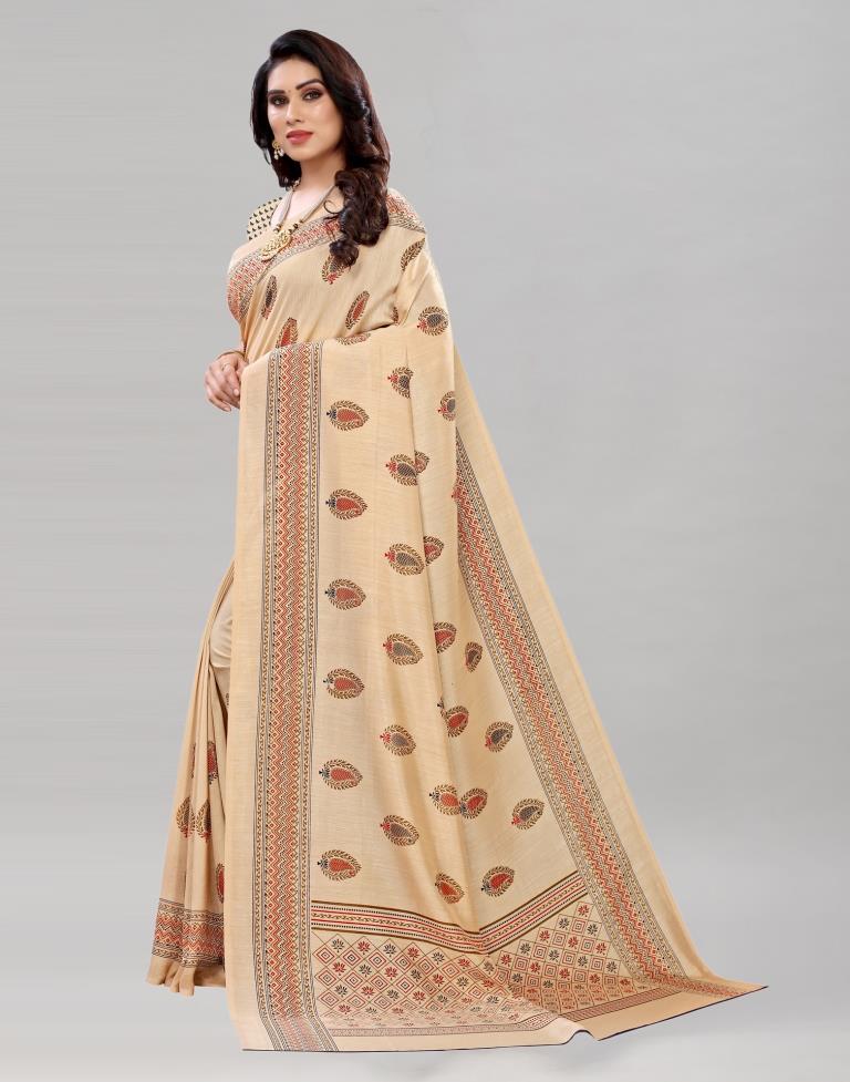 Engrossing Cream Printed Saree | Sudathi