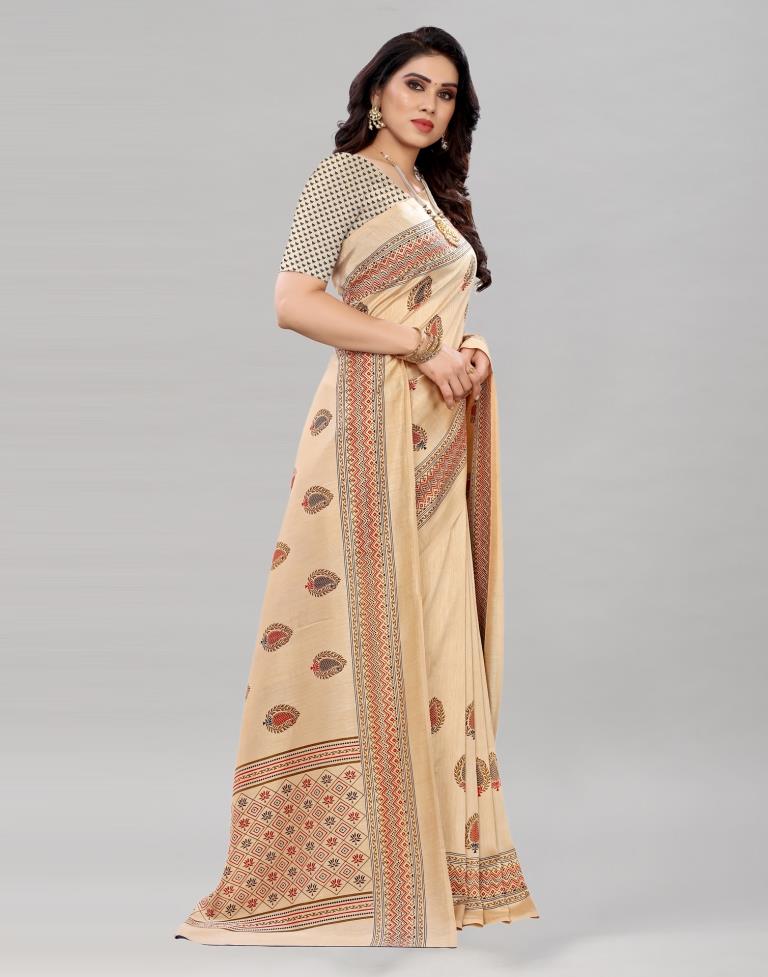 Engrossing Cream Printed Saree | Sudathi