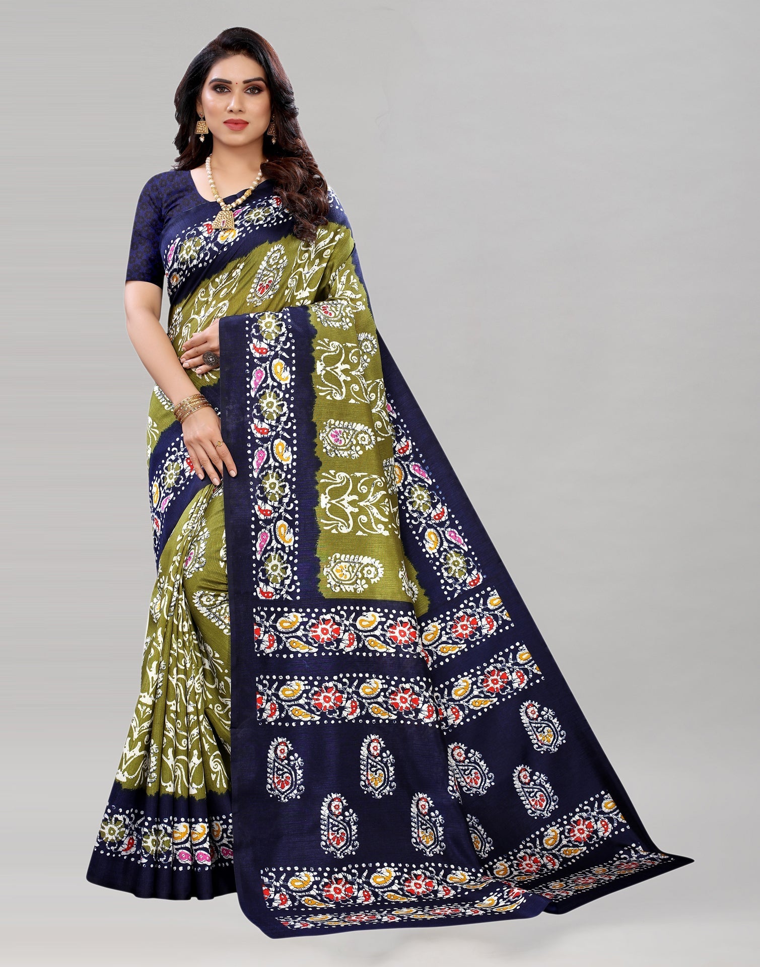 Olive Green Printed Saree | Sudathi