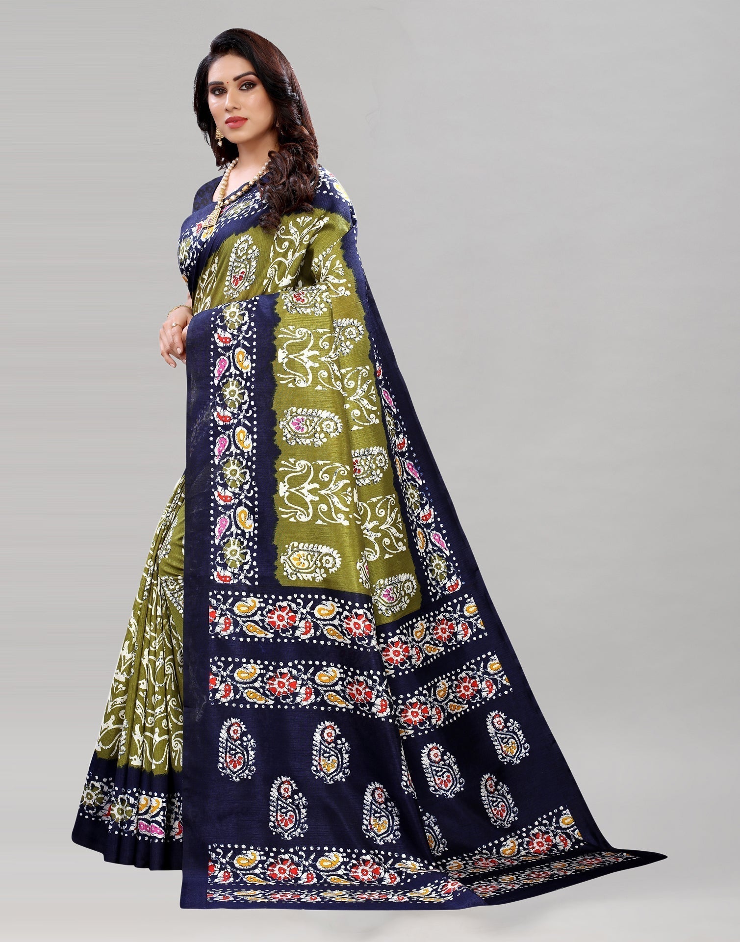 Olive Green Printed Saree | Sudathi