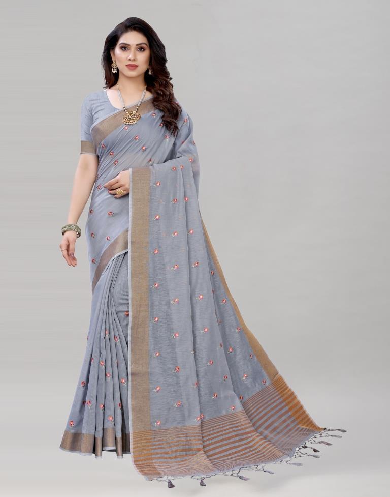 Grey Embroidered Cotton Saree | Sudathi