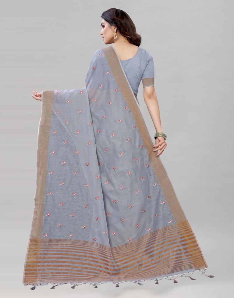 Grey Embroidered Cotton Saree | Sudathi