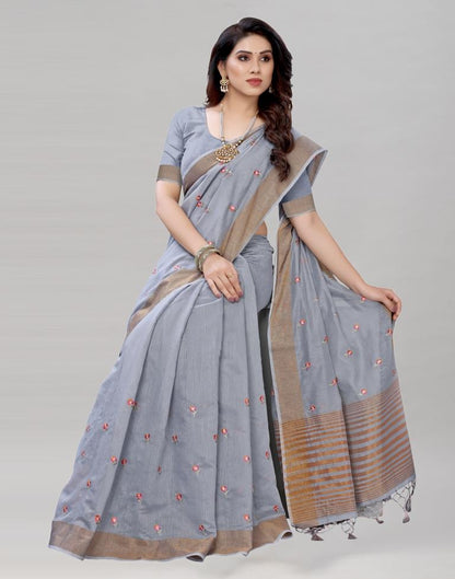 Grey Embroidered Cotton Saree | Sudathi