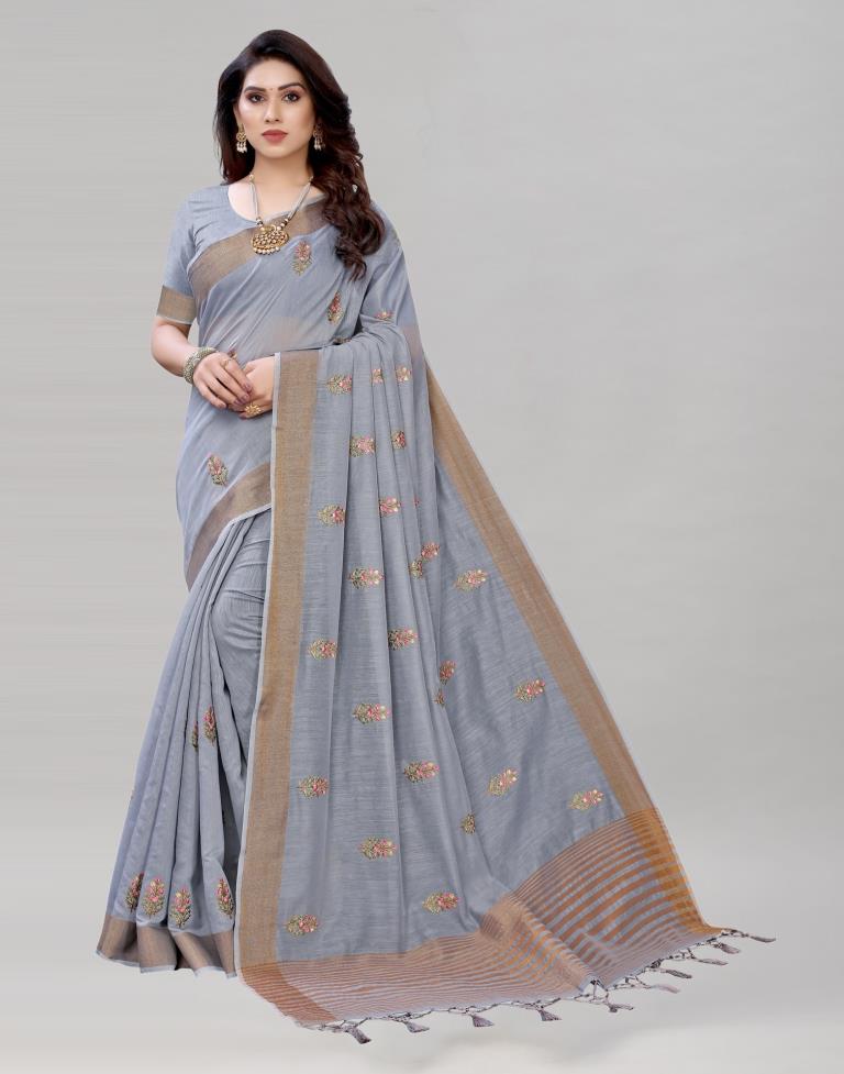 Grey Embroidered Cotton Saree | Sudathi