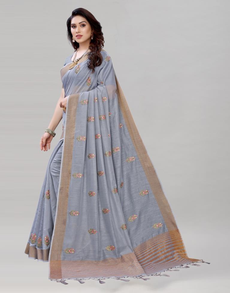 Grey Embroidered Cotton Saree | Sudathi