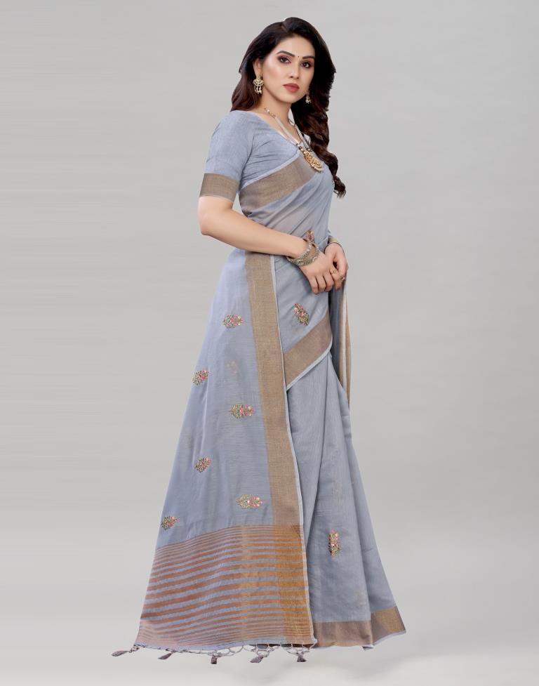 Grey Embroidered Cotton Saree | Sudathi