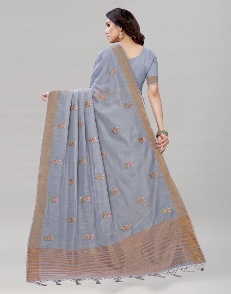 Grey Embroidered Cotton Saree | Sudathi
