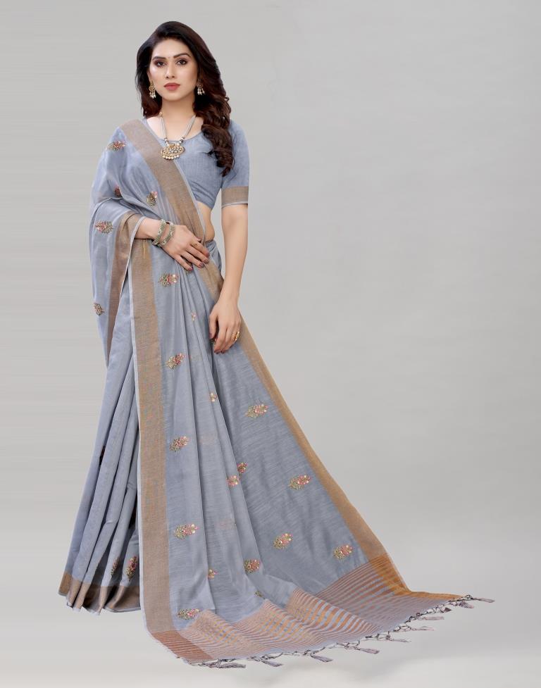 Grey Embroidered Cotton Saree | Sudathi