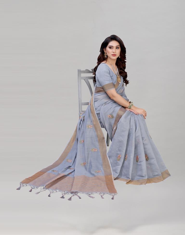 Grey Embroidered Cotton Saree | Sudathi