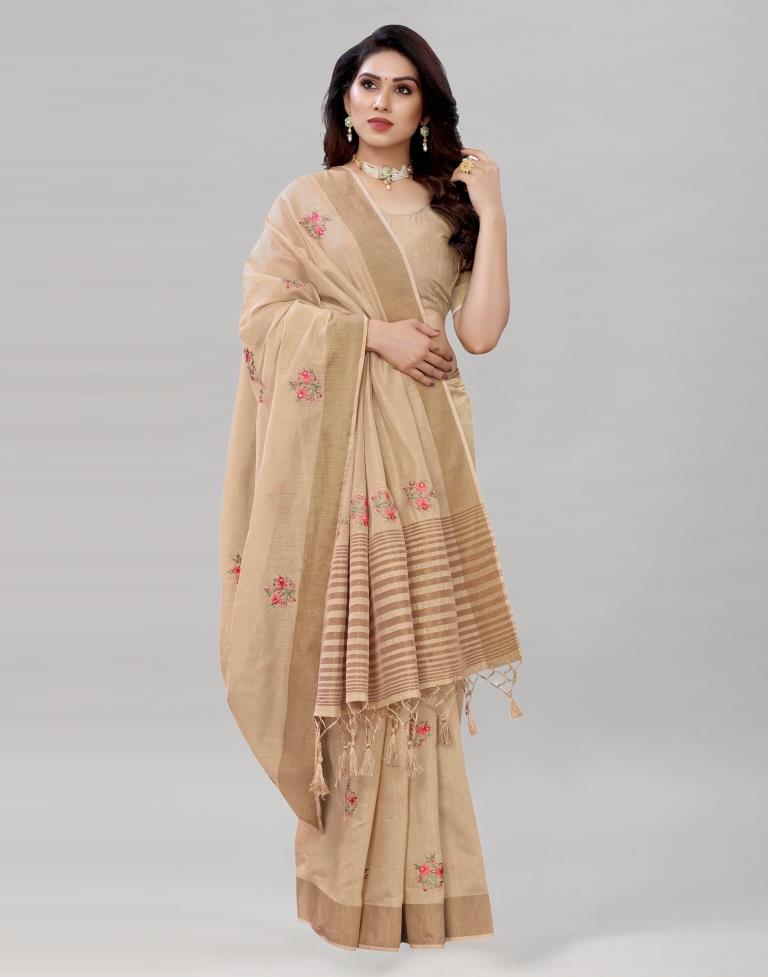 Brown Embroidered Cotton Saree | Sudathi