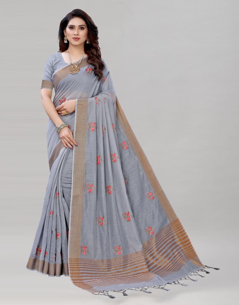 Grey Embroidered Cotton Saree | Sudathi