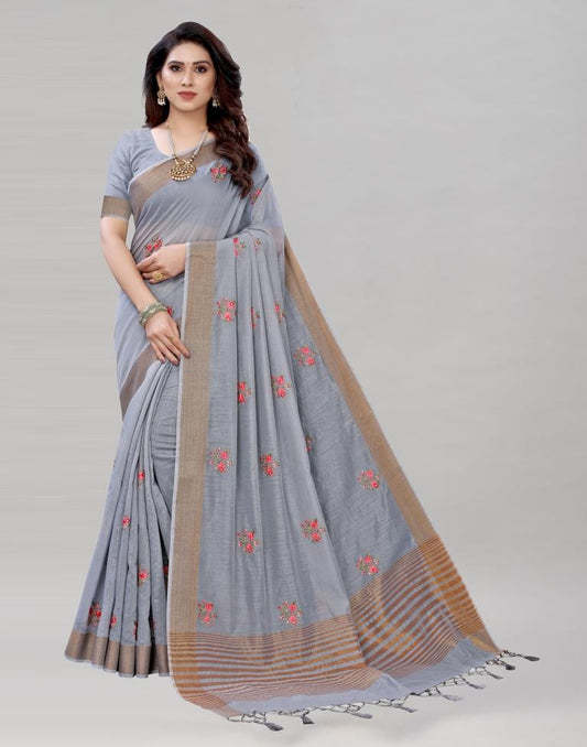 Grey Embroidered Cotton Saree | Sudathi