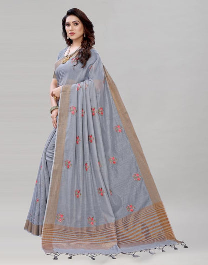 Grey Embroidered Cotton Saree | Sudathi