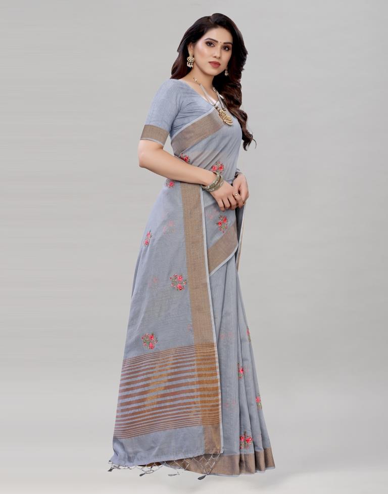 Grey Embroidered Cotton Saree | Sudathi