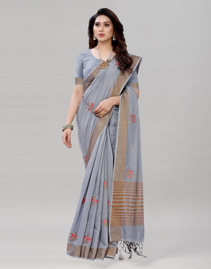 Grey Embroidered Cotton Saree | Sudathi