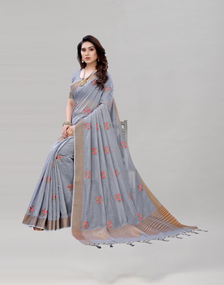Grey Embroidered Cotton Saree | Sudathi