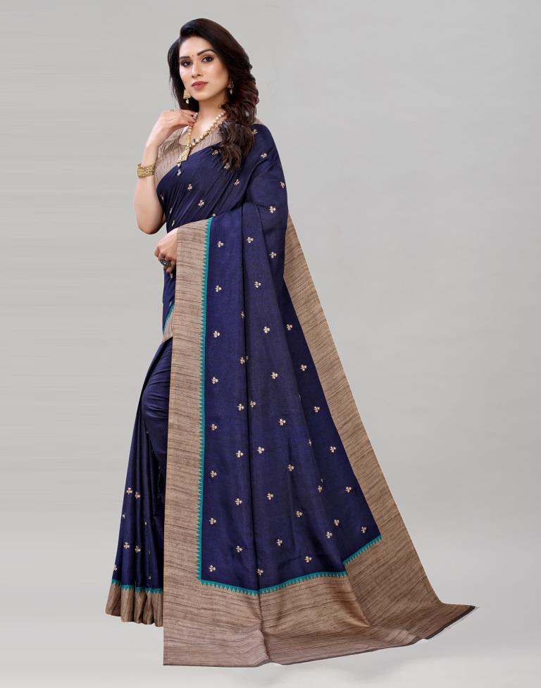 Navy Blue Embroidered Silk Saree | Sudathi
