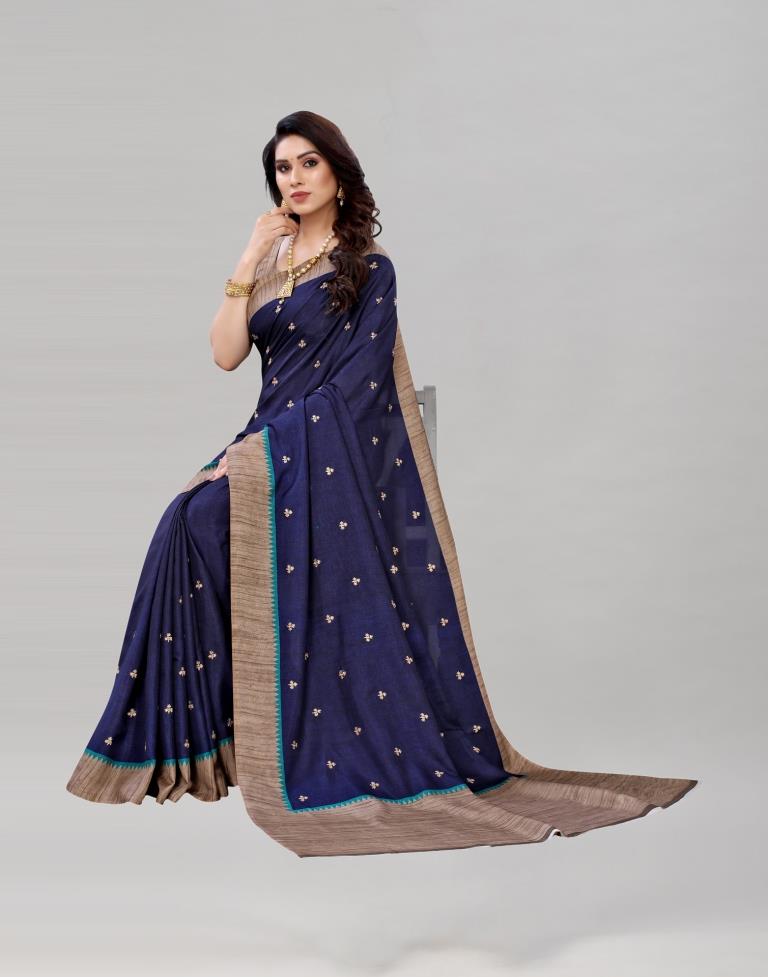 Navy Blue Embroidered Silk Saree | Sudathi