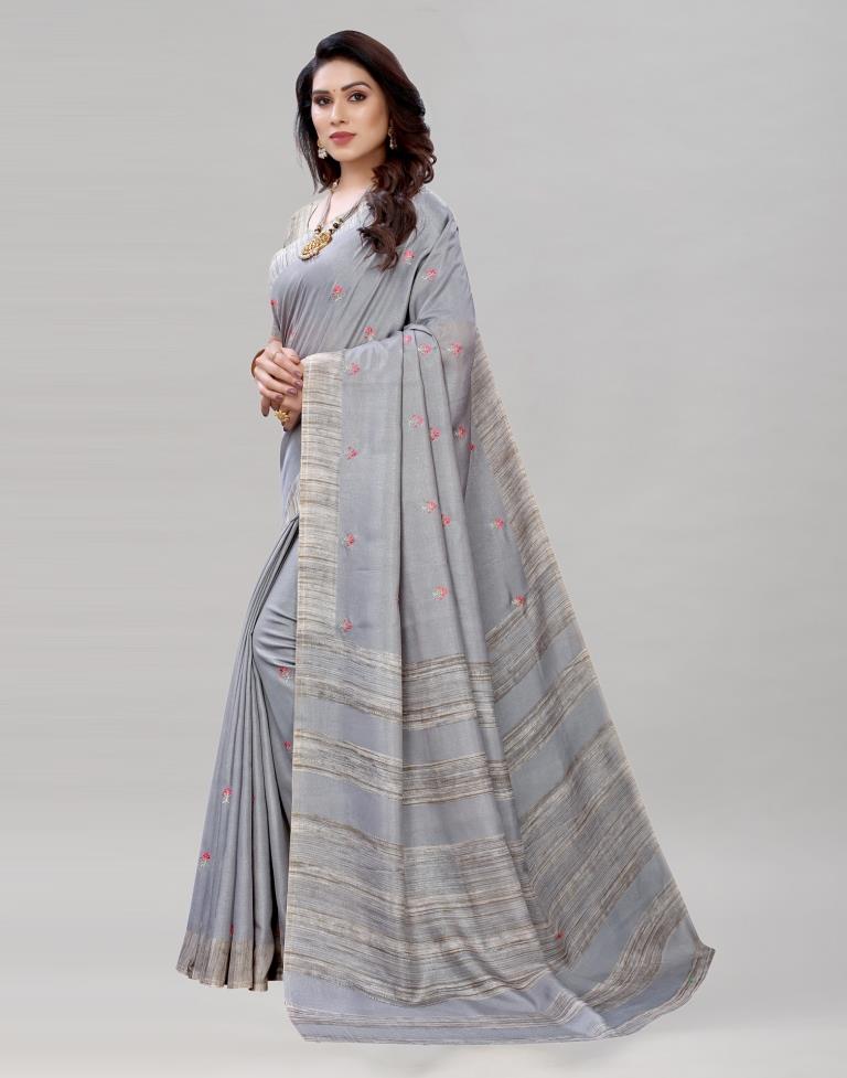 Grey Embroidered Silk Saree | Sudathi