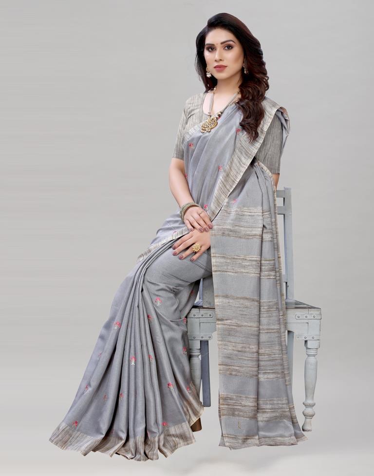 Grey Embroidered Silk Saree | Sudathi