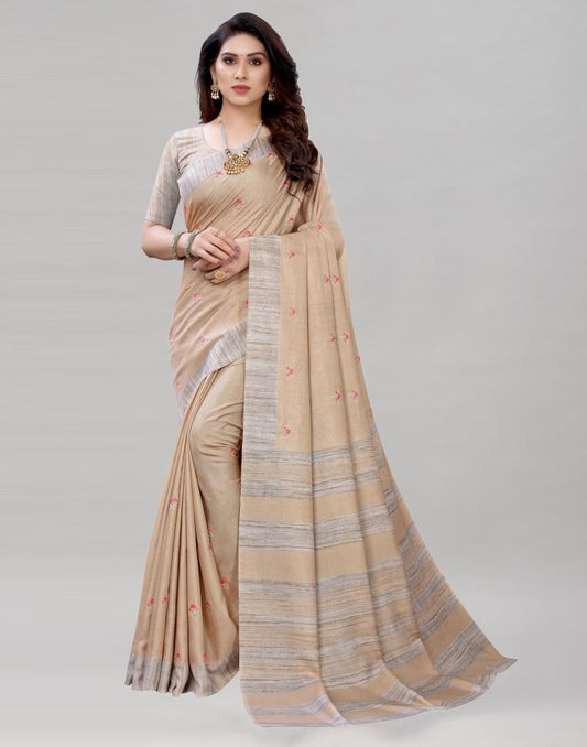 Cream Embroidered Silk Saree | Sudathi