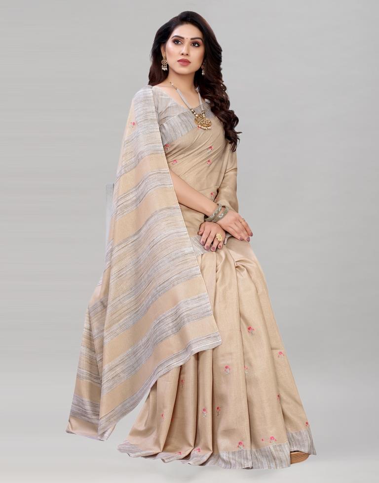 Cream Embroidered Silk Saree | Sudathi