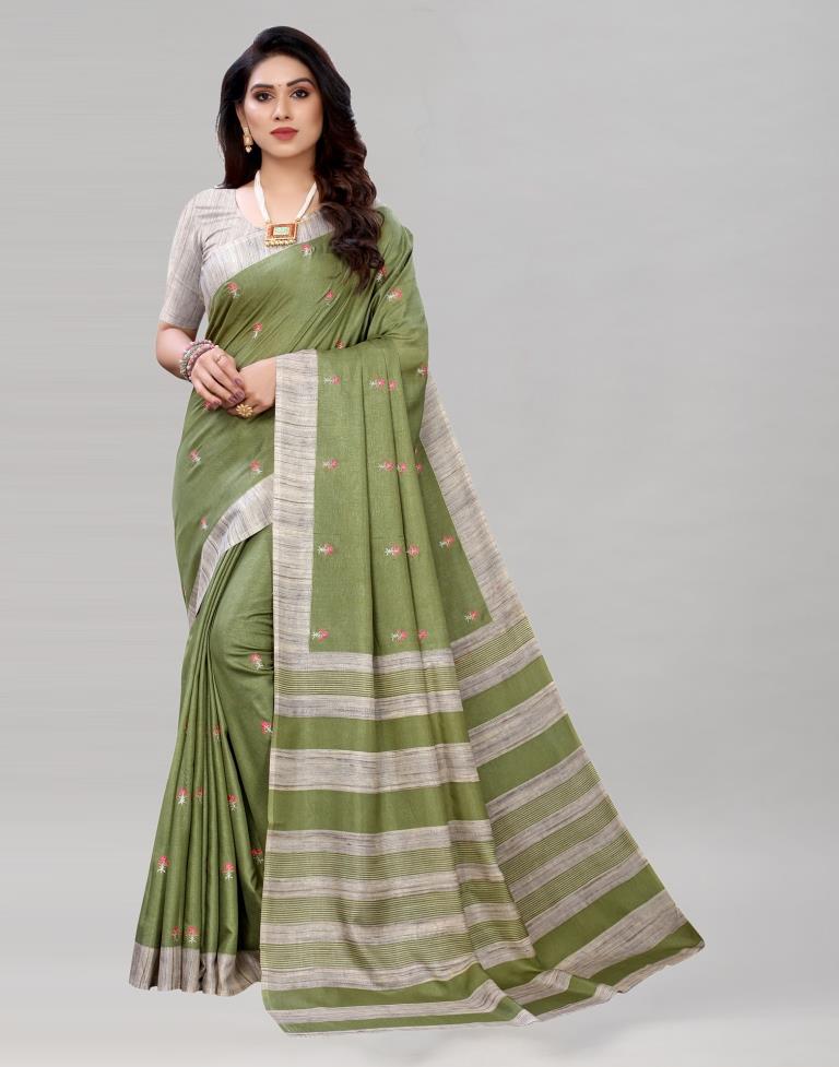 Olive Green Embroidered Silk Saree | Sudathi
