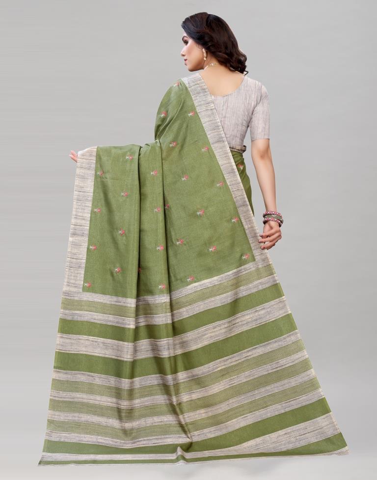 Olive Green Embroidered Silk Saree | Sudathi