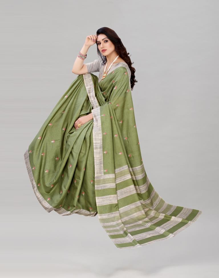 Olive Green Embroidered Silk Saree | Sudathi