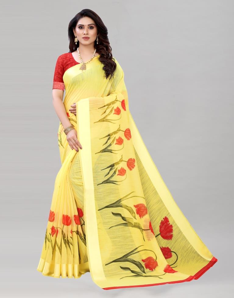 Favourable Yellow Printed Saree | Sudathi