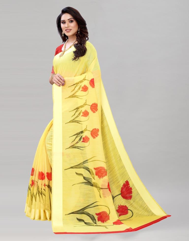 Favourable Yellow Printed Saree | Sudathi