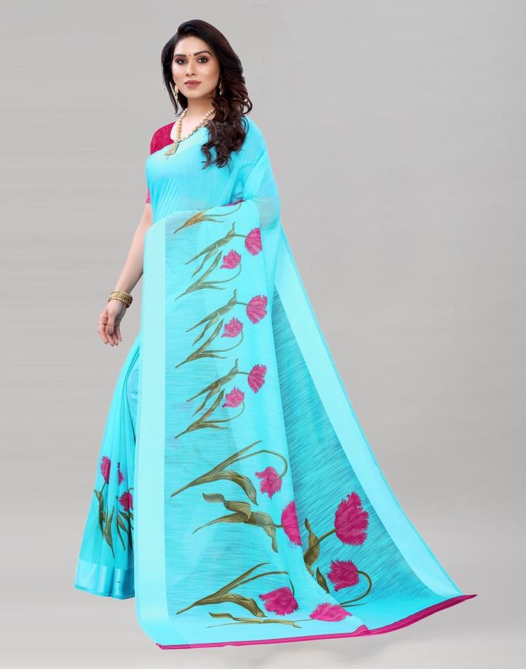 Standard Blue Printed Saree | Sudathi