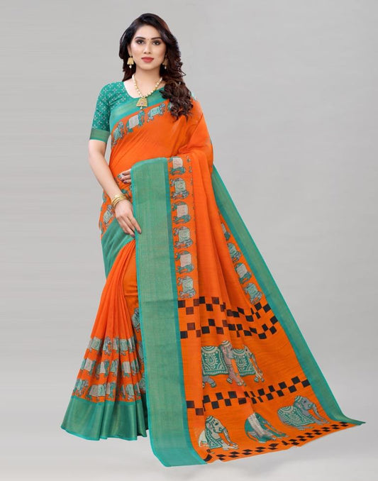 Orange Cotton Printed Saree | Sudathi