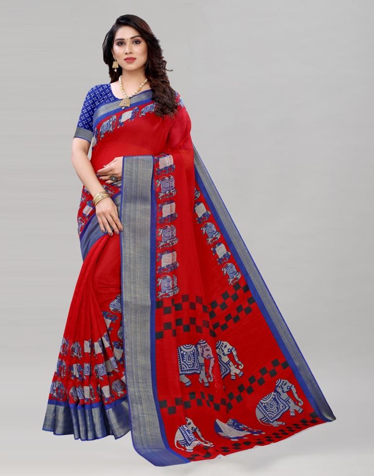 Trendy Red Cotton Printed Saree | Sudathi