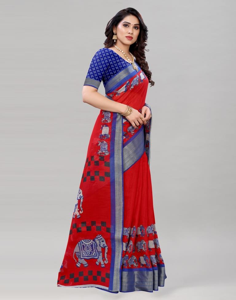 Trendy Red Cotton Printed Saree | Sudathi