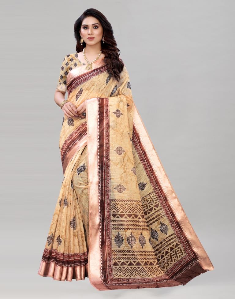 Cream Cotton Printed Saree | Sudathi