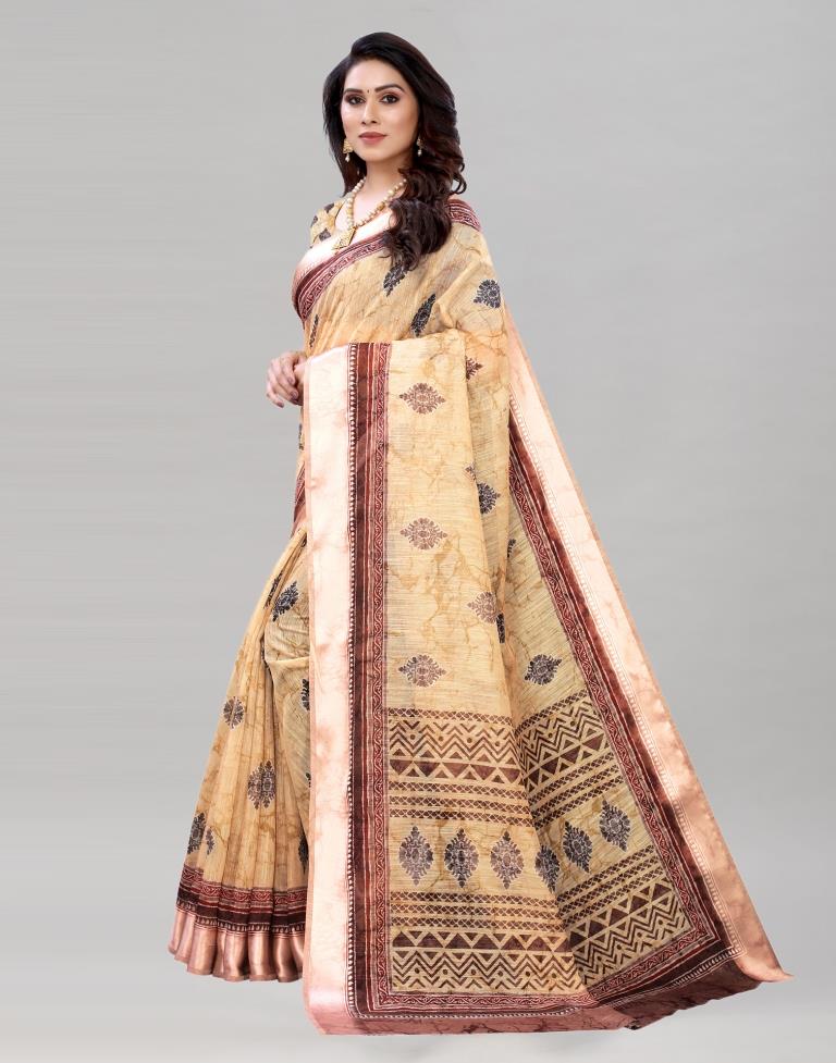 Cream Cotton Printed Saree | Sudathi