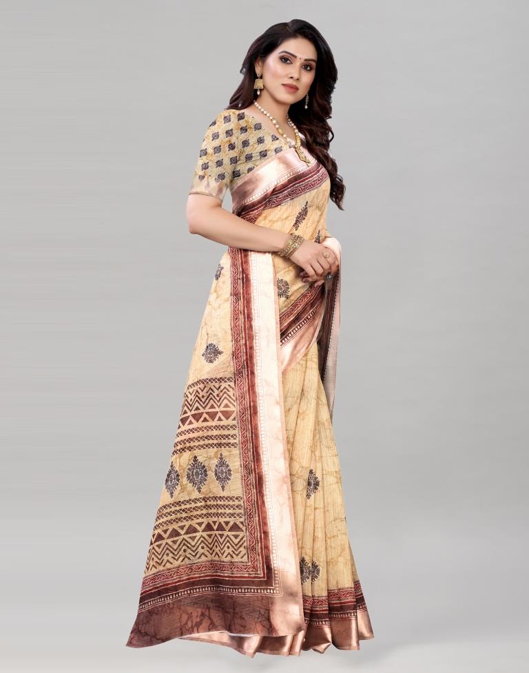 Cream Cotton Printed Saree | Sudathi