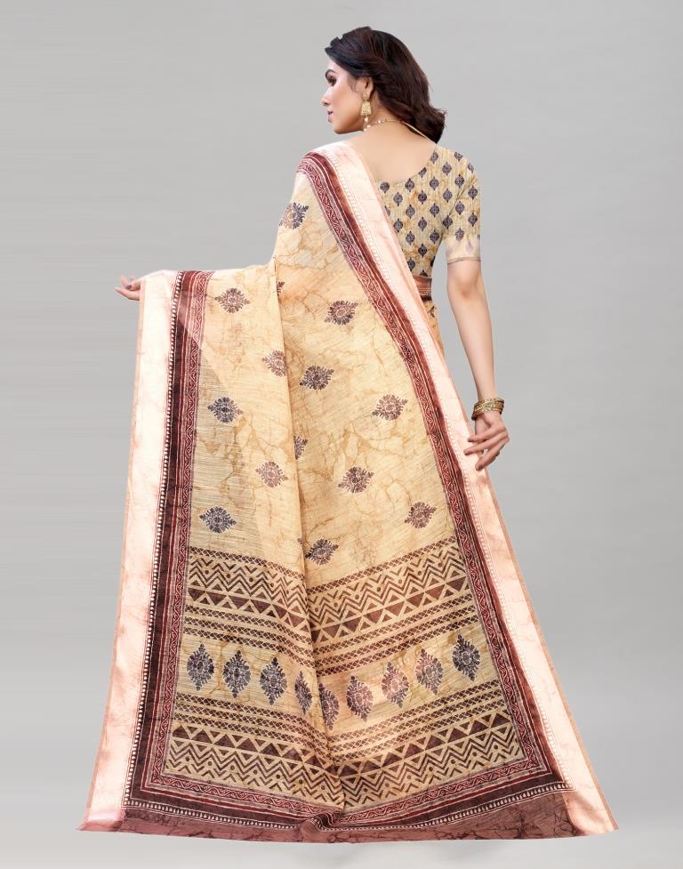 Cream Cotton Printed Saree | Sudathi