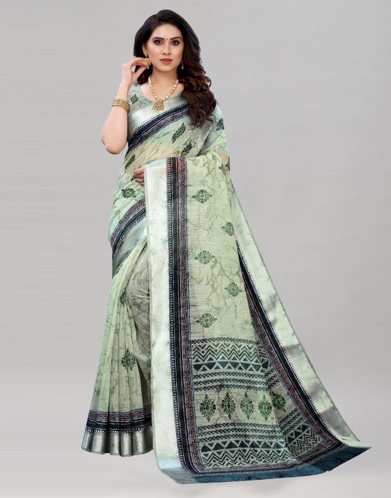Pista Green Cotton Printed Saree | Sudathi