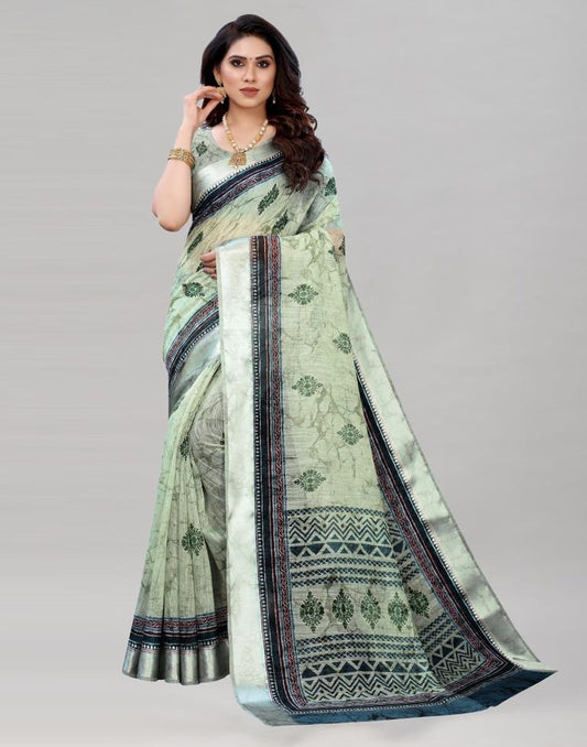 Pista Green Cotton Printed Saree | Sudathi