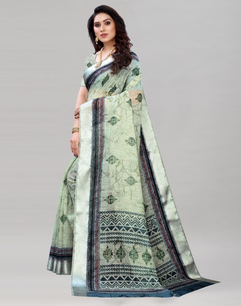 Pista Green Cotton Printed Saree | Sudathi