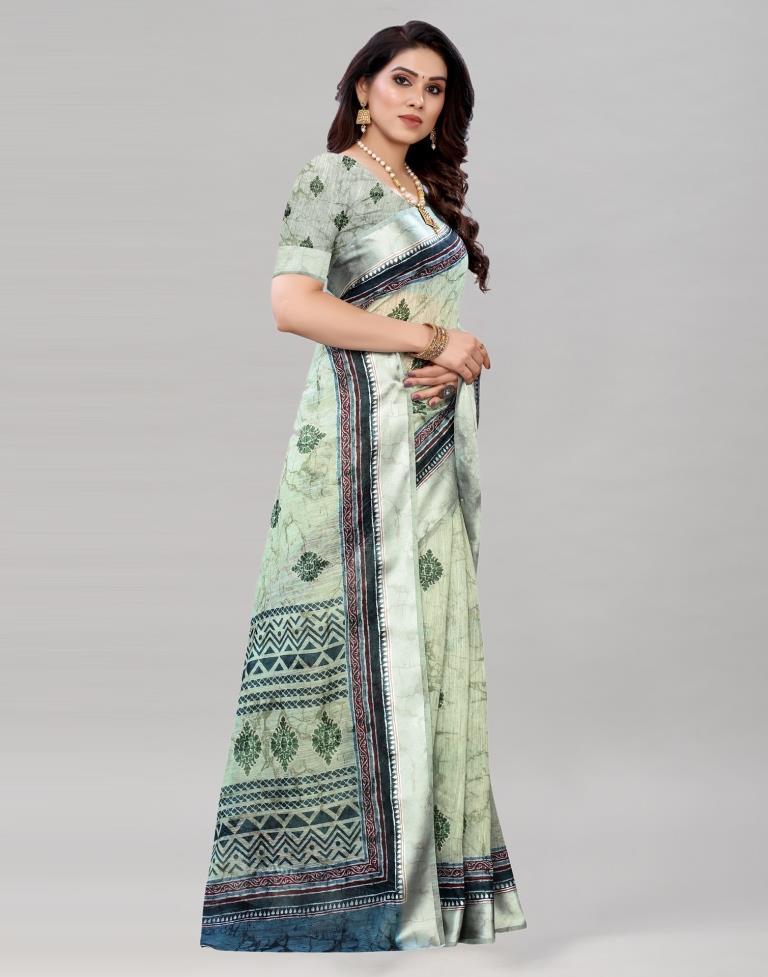 Pista Green Cotton Printed Saree | Sudathi