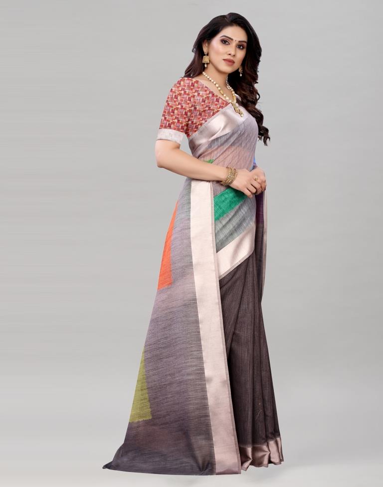 Grey Cotton Printed Saree | Sudathi