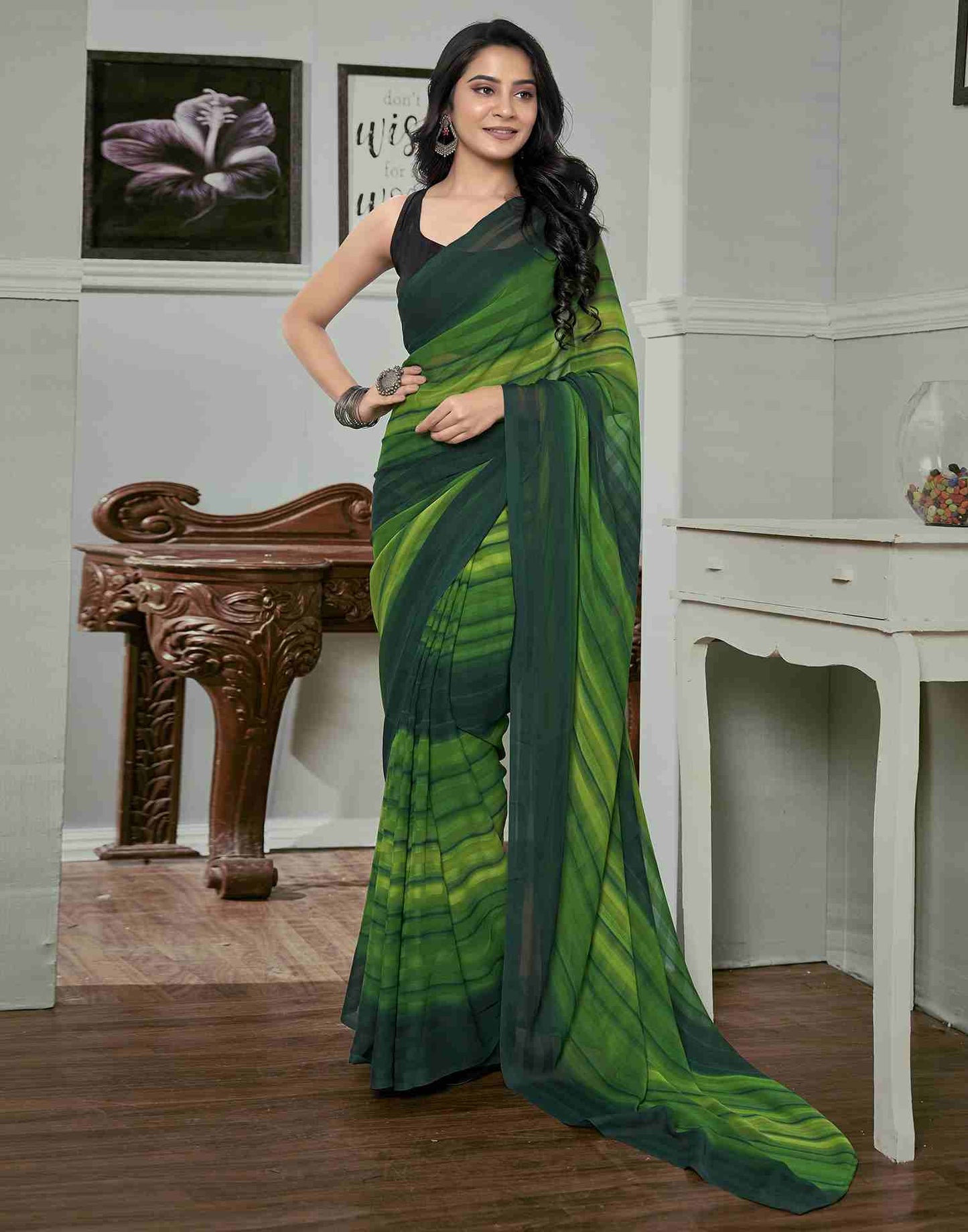 Ready To Wear Light Green Georgette Printed Plain Saree