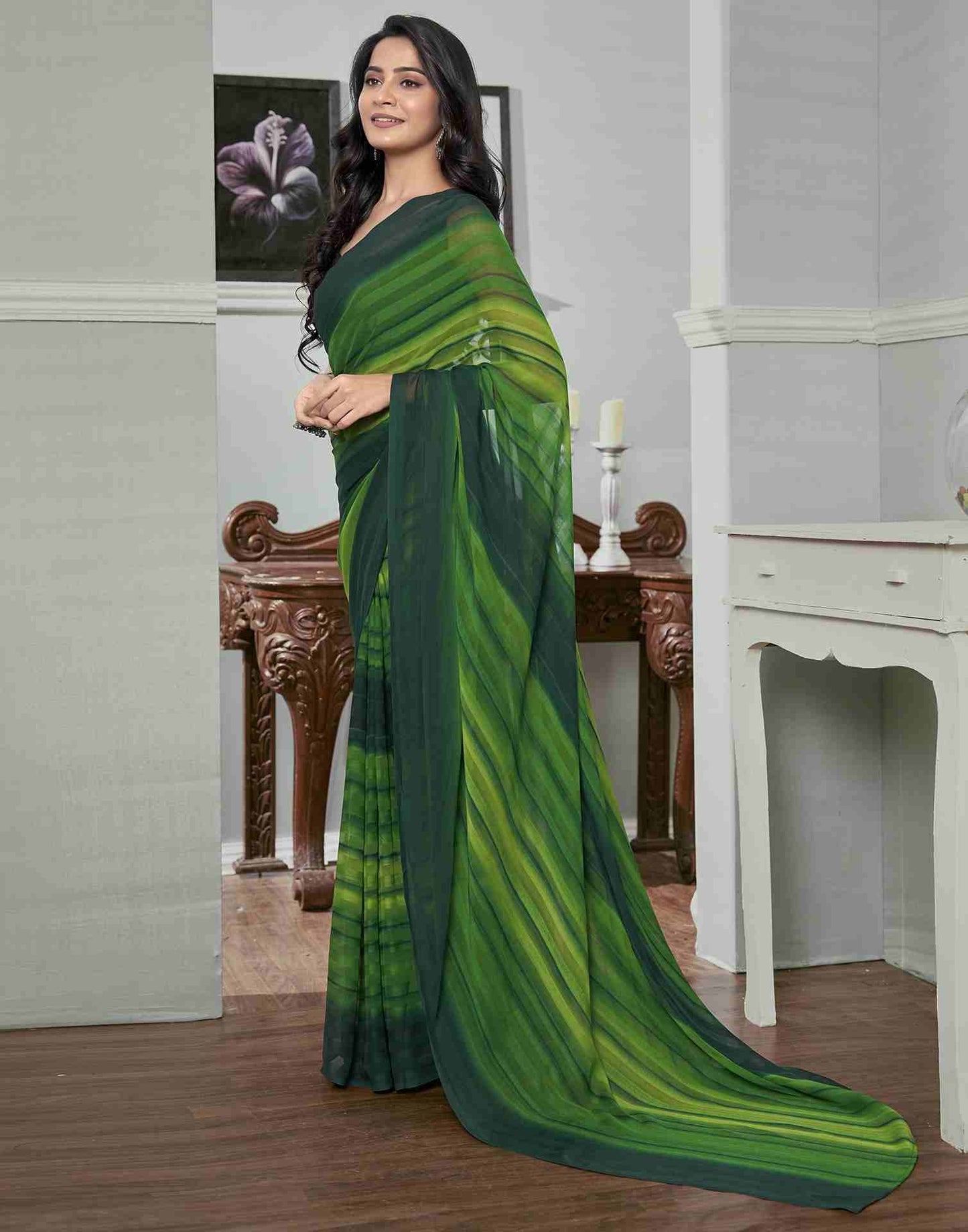 Ready To Wear Light Green Georgette Printed Plain Saree