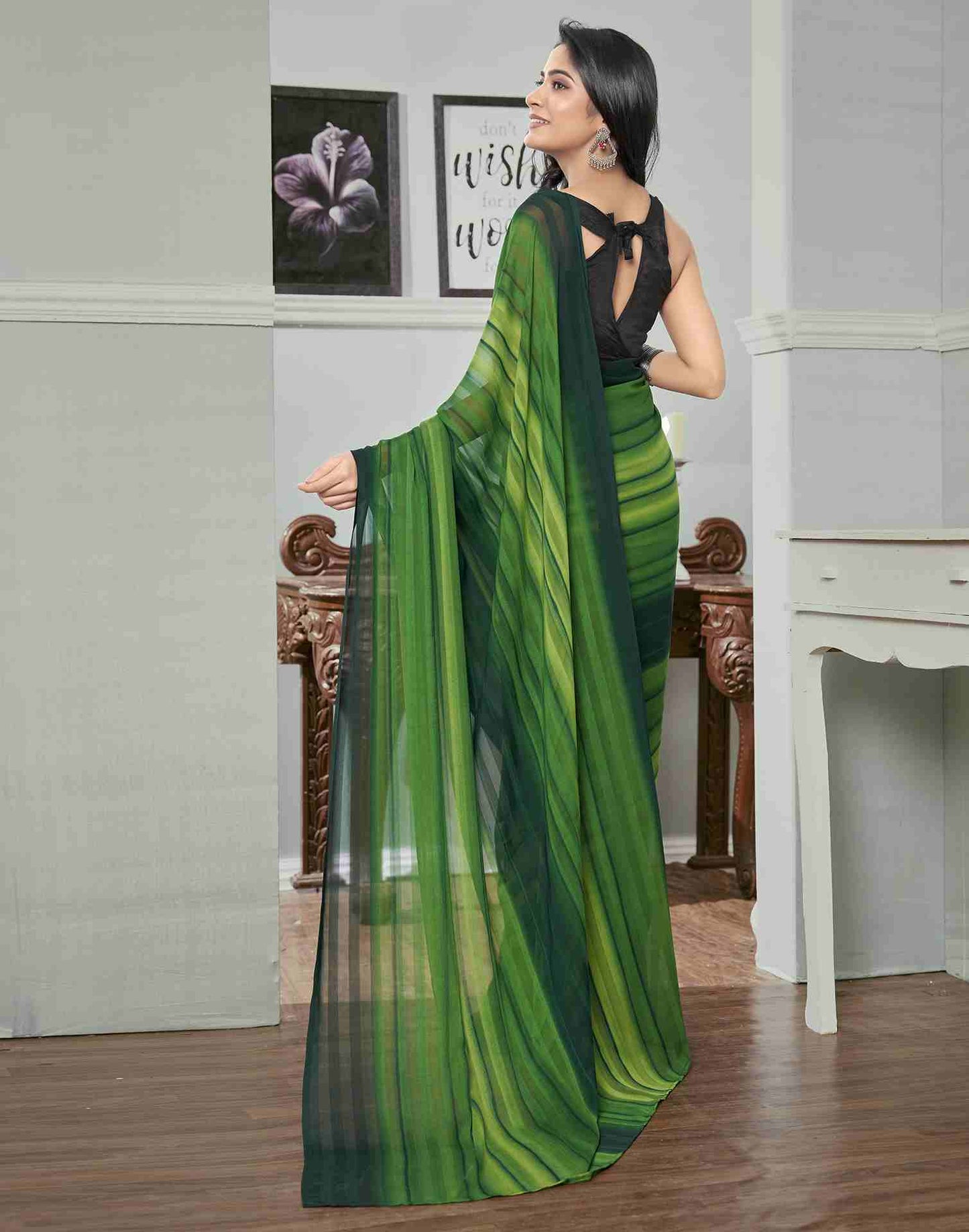 Ready To Wear Light Green Georgette Printed Plain Saree