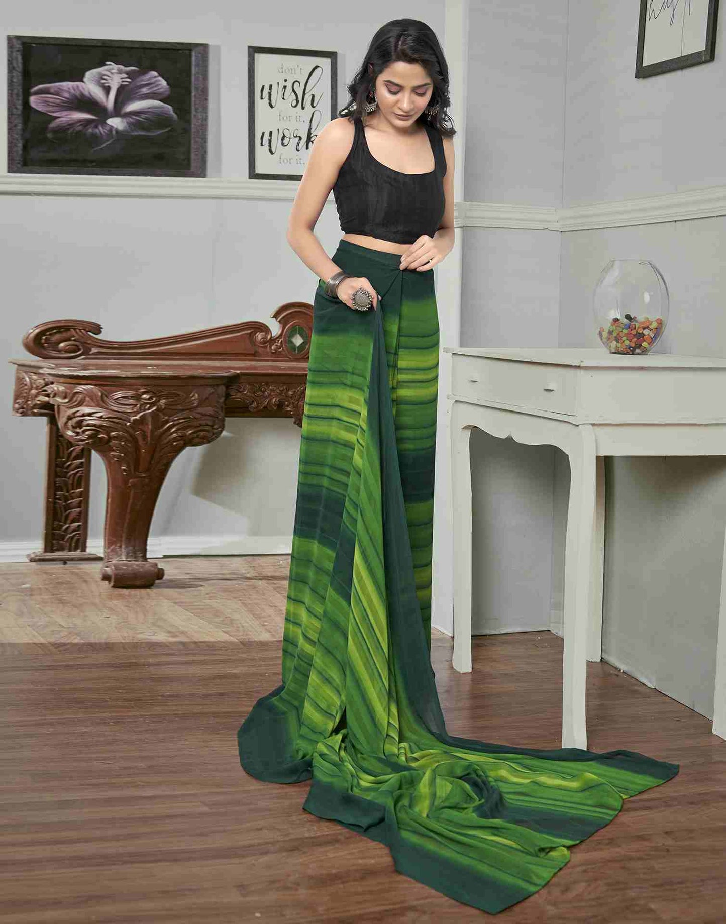 Ready To Wear Light Green Georgette Printed Plain Saree