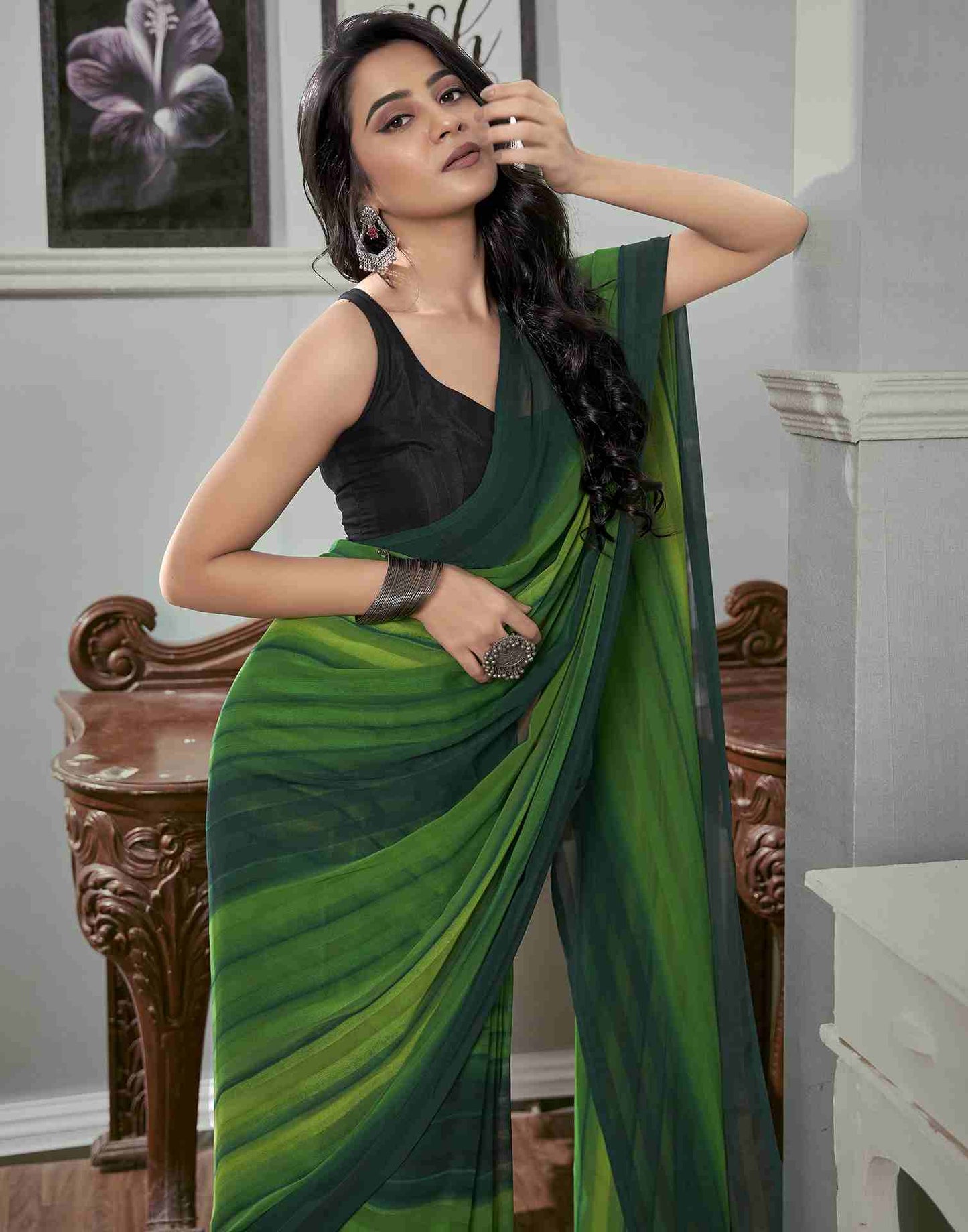 Ready To Wear Light Green Georgette Printed Plain Saree