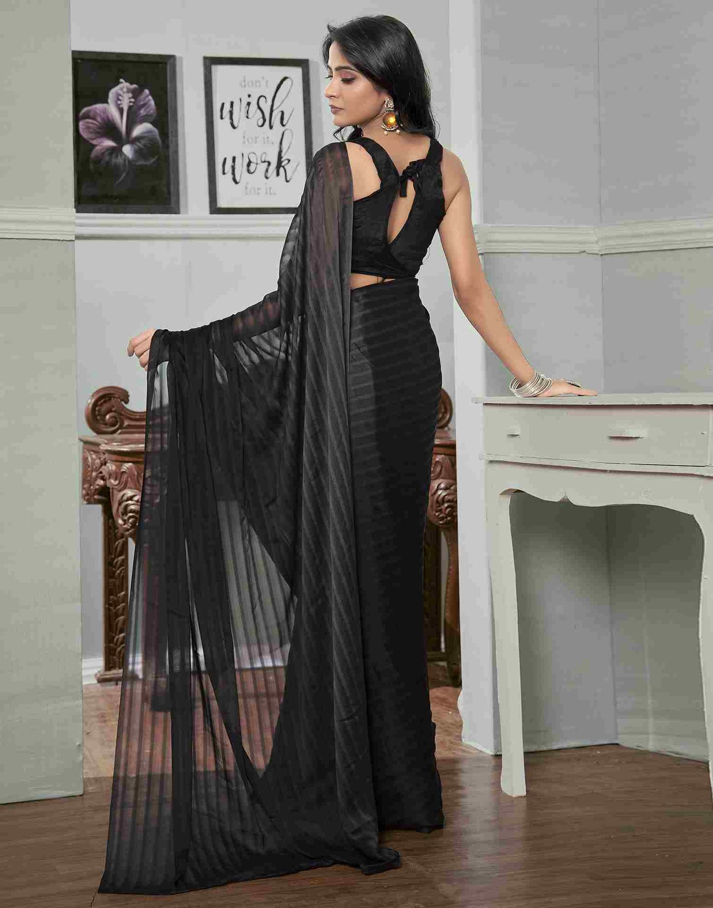 Ready To Wear Black Georgette Plain Saree